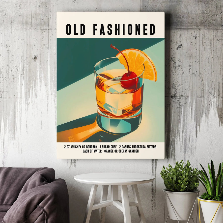 Old Fashioned Cocktail Recipe Canvas Wall Art | Retro Whiskey Bar Decor | Premium 1.25-Inch Thick Gallery Wrap | Unique Gift for Mixologist and Bourbon Lovers