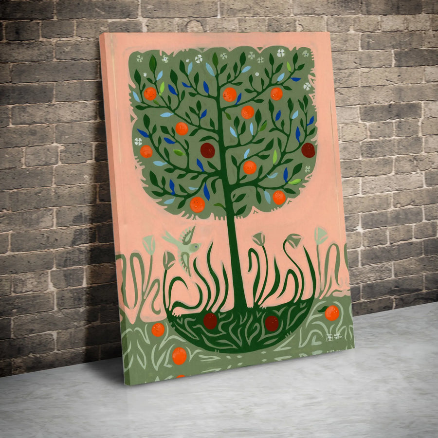 Folk Art Tree Canvas Print | Vintage Orange Tree & Bird Illustration | Premium Thick Gallery Wrap Canvas | Boho Kitchen & Living Room Decor Gift