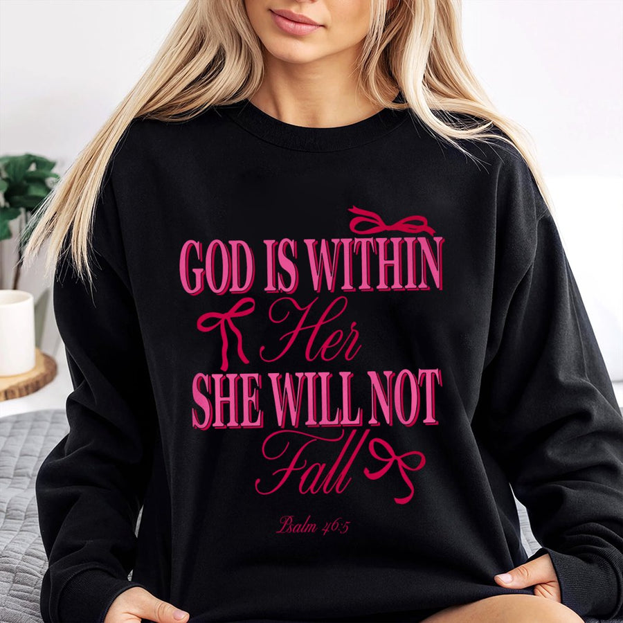 God Is Within Her She Will Not Fall Sweatshirt | Psalm 46:5 Aesthetic Bow Graphic | Premium Cotton Blend | Christian Gift for Women