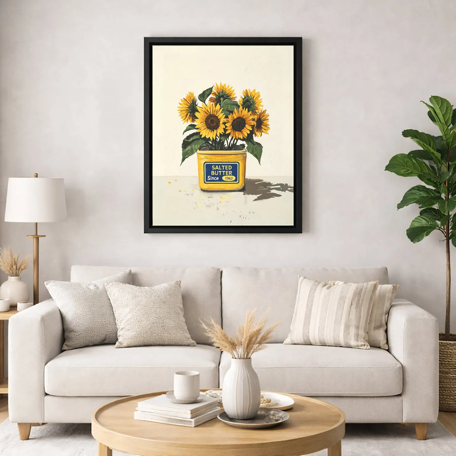 Sunflower Butter Tub Canvas Art | Quirky Kitchen Wall Decor | Premium 1.25-Inch Thick Gallery Wrap | Unique Gift for Foodies and Flower Lovers