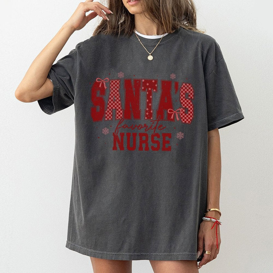 Santa's Favorite Nurse T-Shirt | Festive Red Checkerboard Graphic | Premium 100% Cotton | Funny Christmas Nursing Student Gift Idea