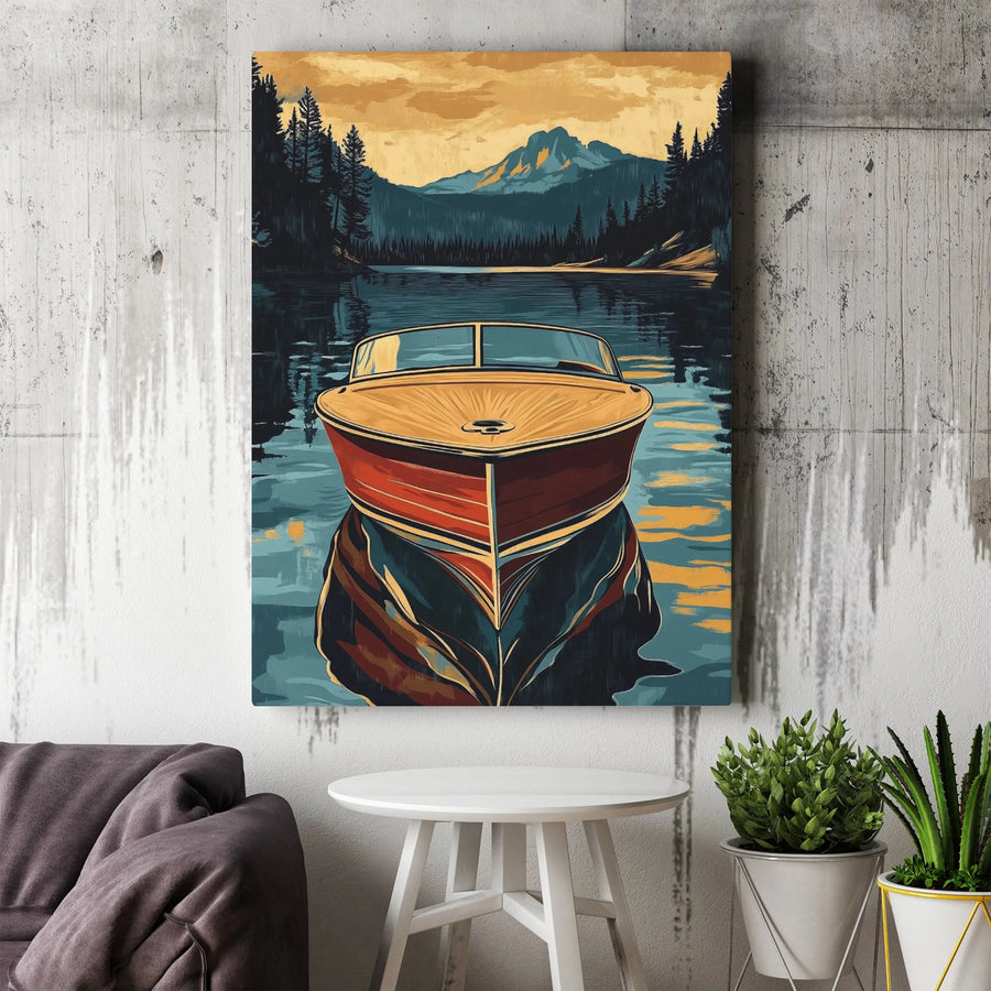 Vintage Boat Canvas Wall Art | Retro Wooden Speedboat on Mountain Lake | Premium Fade-Resistant Print | Lake House & Cabin Decor Gift
