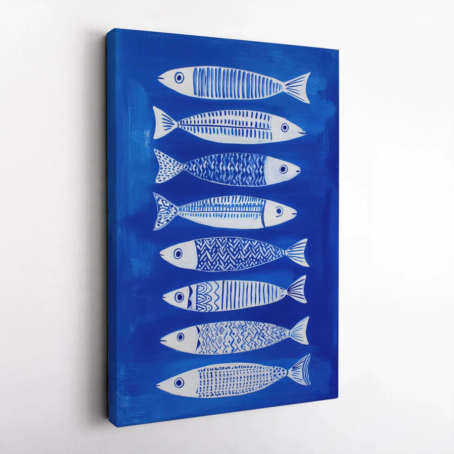 Sardine Fish Canvas Print | Modern Coastal Folk Art Illustration | Premium Gallery Wrapped Canvas | Nautical Kitchen Decor Gift