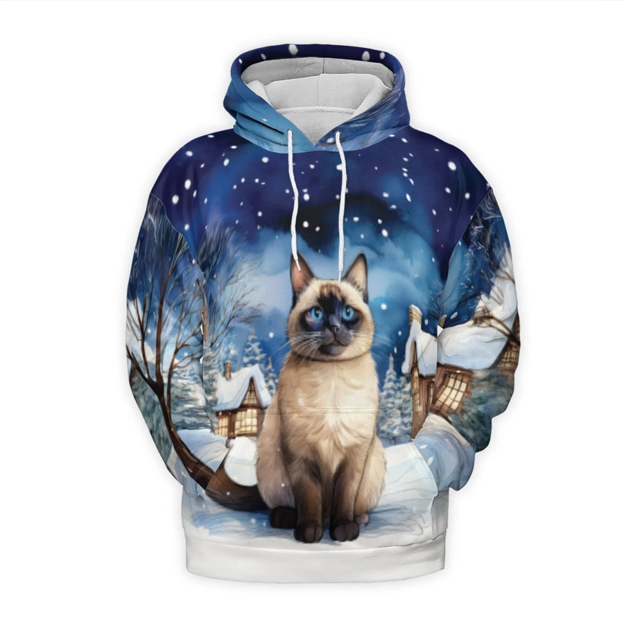 Siamese Cat 3D Hoodie | Snowy Winter Village Graphic Print | Premium Brushed Fleece Pullover | Unisex Holiday Gift for Cat Lovers