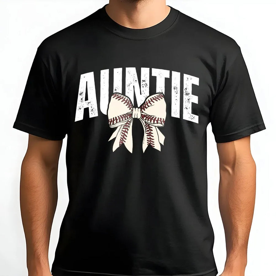Baseball Auntie T-Shirt | Distressed Baseball Seam Bow Graphic | Premium Comfort Colors Cotton | Game Day Apparel Gift for Aunt