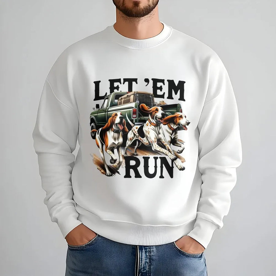 Hound Dog Hunting Sweatshirt | Let 'Em Run Pickup Truck Graphic | Premium Cotton Blend | Gift for Hunters and Outdoor Enthusiasts