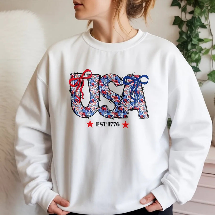 Patriotic USA Sweatshirt | Vintage Floral American Flag Graphic | Premium Cotton Blend | 4th of July Independence Day Gift for Her