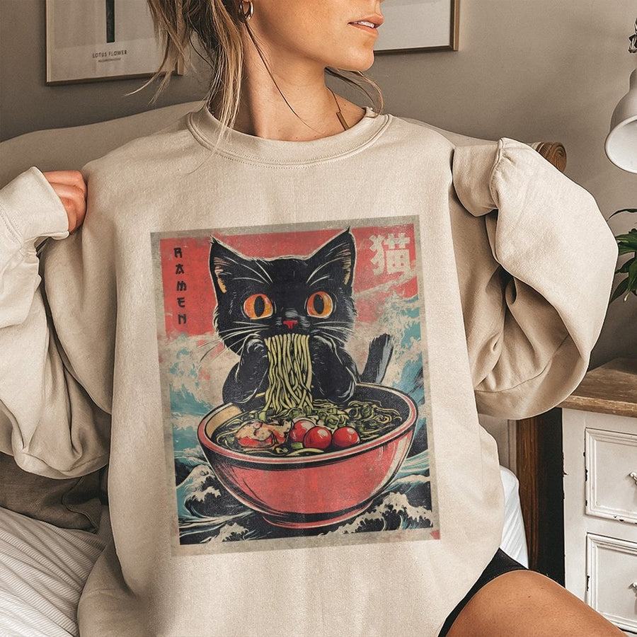 Cat Ramen Sweatshirt | Japanese Anime Aesthetic Art | Soft Cotton Blend Crewneck | Kawaii Foodie Gift For Anime Lovers