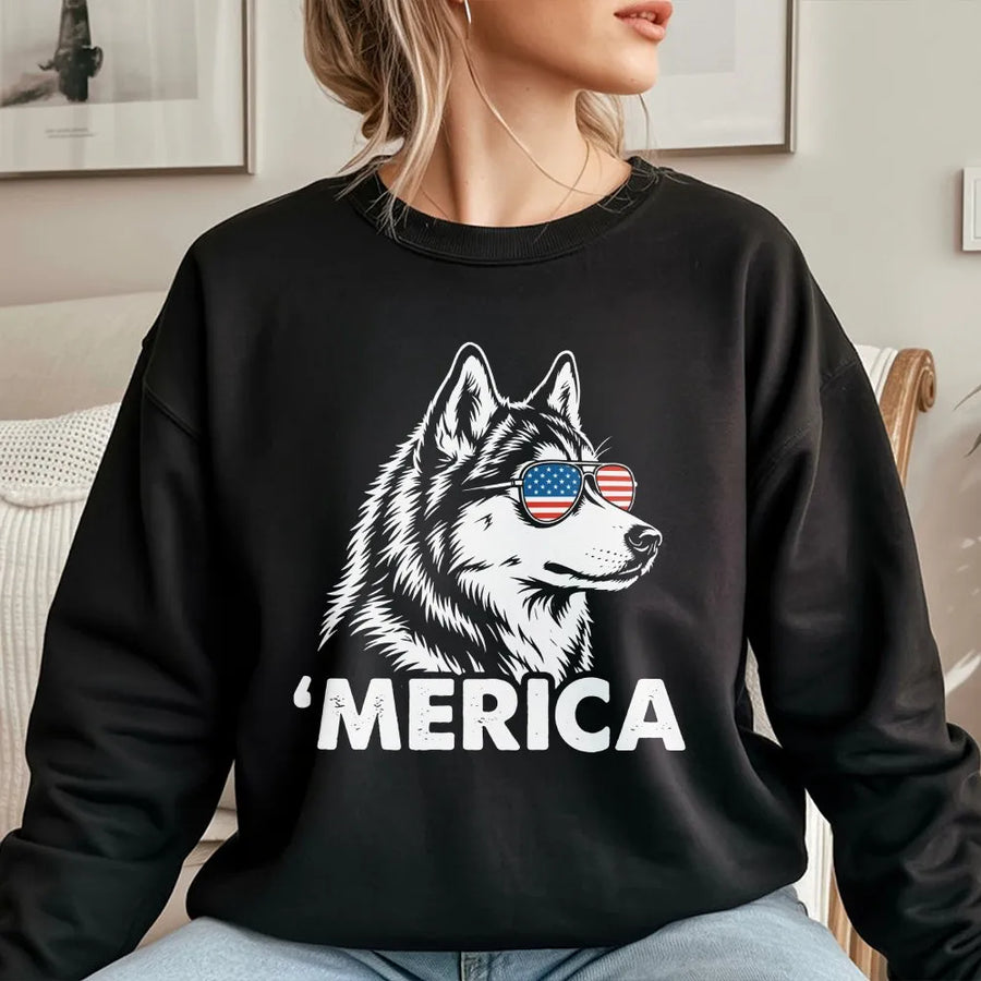 Merica Husky Sweatshirt | Patriotic Dog with American Flag Sunglasses | Premium Cotton Tee | 4th of July Gift for Dog Lovers