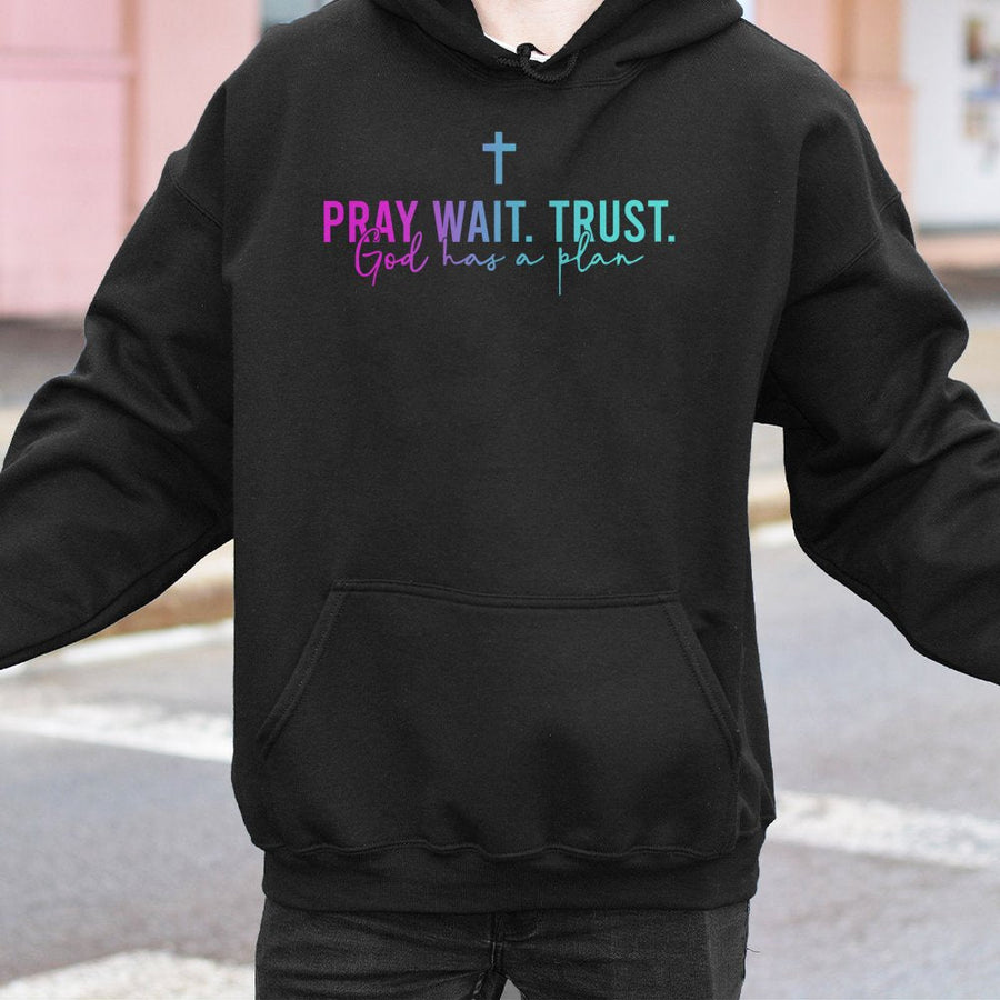 Pray Wait Trust Hoodie | God Has A Plan Christian Graphic Design | Premium Cotton Blend Apparel | Religious Faith Gift For Men And Women