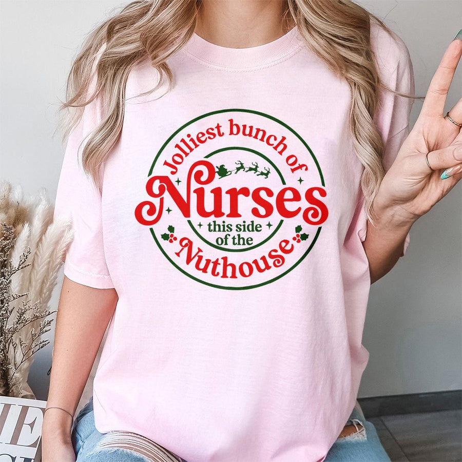 Jolliest Bunch Of Nurses T-Shirt | Funny Christmas Nursing Humor Graphic | Premium 100% Cotton Tee | Gift for RN, LPN, and Nursing Students