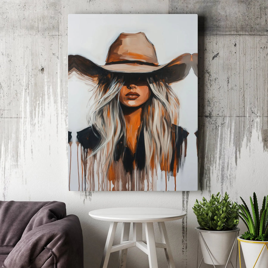 Western Cowgirl Canvas Wall Art | Abstract Blonde Woman in Cowboy Hat | Premium Gallery-Wrapped Print | Boho Country Home Decor Gift