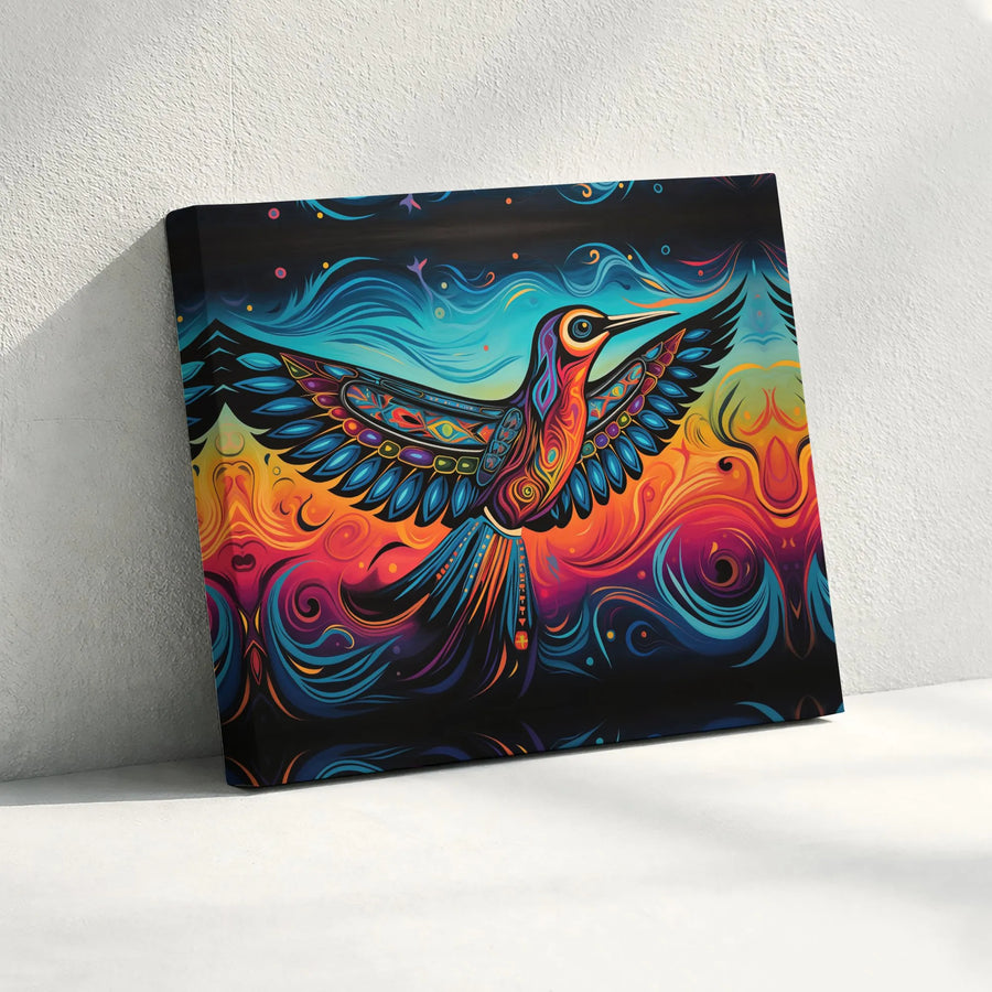 Psychedelic Hummingbird Canvas Wall Art | Vibrant Folk Art Bird Print | Premium 1.25" Gallery Wrap | Modern Home Office Decor Gift