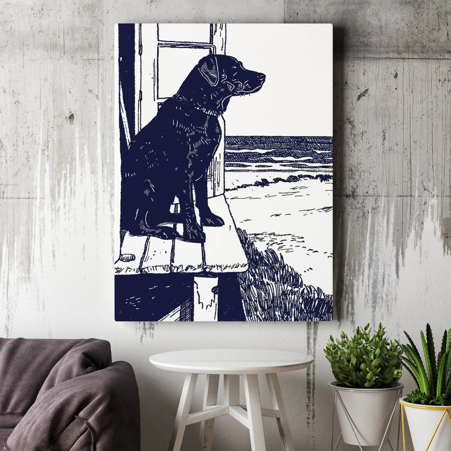 Black Labrador Dog Canvas Print | Coastal Beach Porch Linocut Art | Premium Gallery Wrapped Decor | Gift for Dog Lovers & Pet Owners
