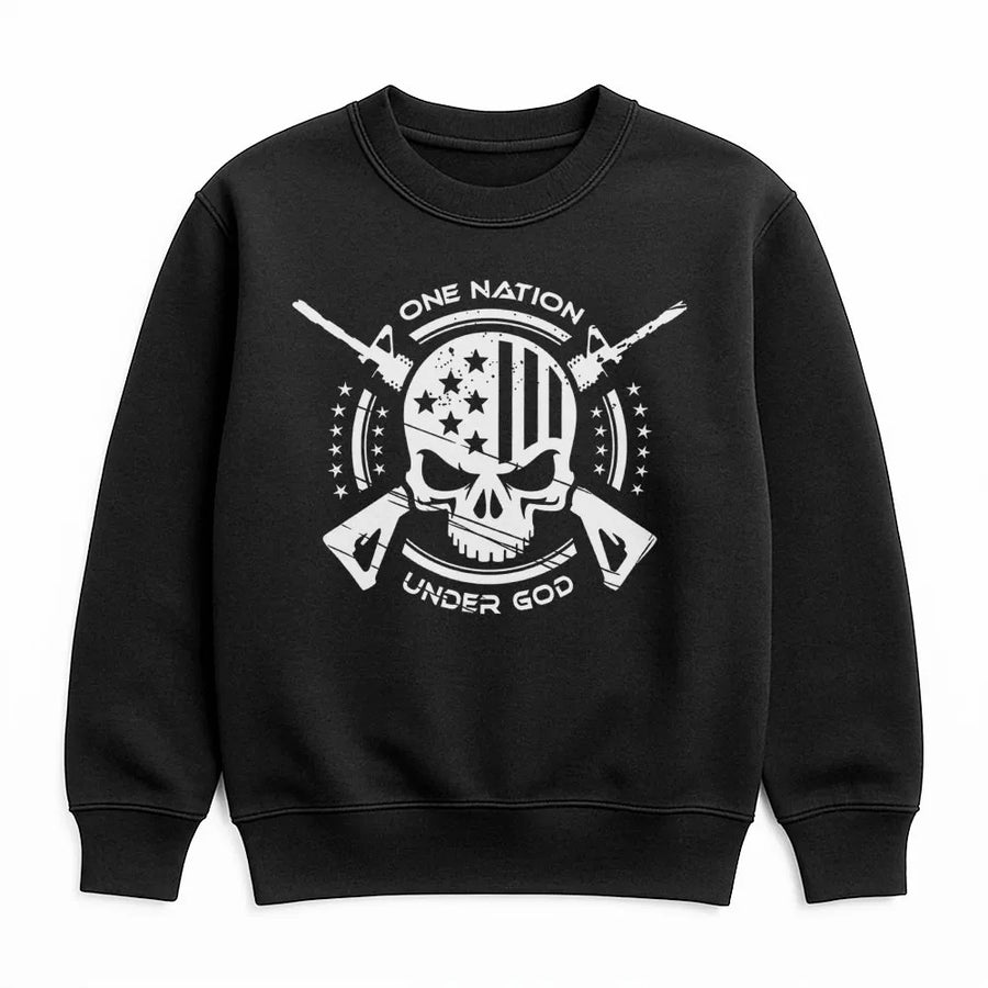 One Nation Under God Sweatshirt | Patriotic Skull American Flag Graphic | Premium Cotton Blend | Gift For Veterans & Patriots