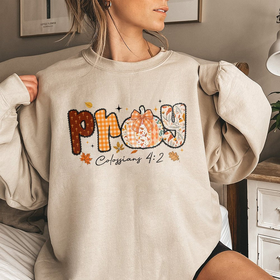 Pray Fall Pumpkin Sweatshirt | Colossians 4:2 Scripture Graphic | Cozy Cotton Blend Unisex Crewneck | Christian Faith Autumn Gift for Women