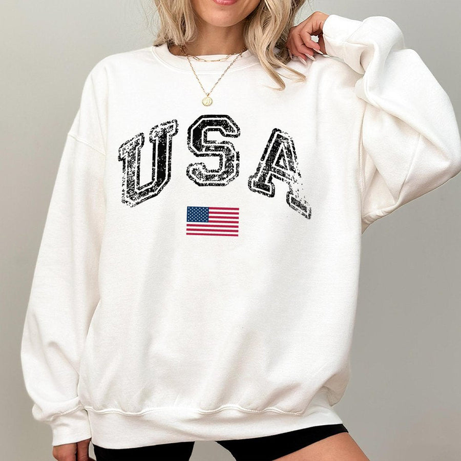 USA Flag Sweatshirt | Vintage Distressed Graphic Print | Premium Cotton-Polyester Blend | Patriotic Fourth of July Apparel for Men and Women