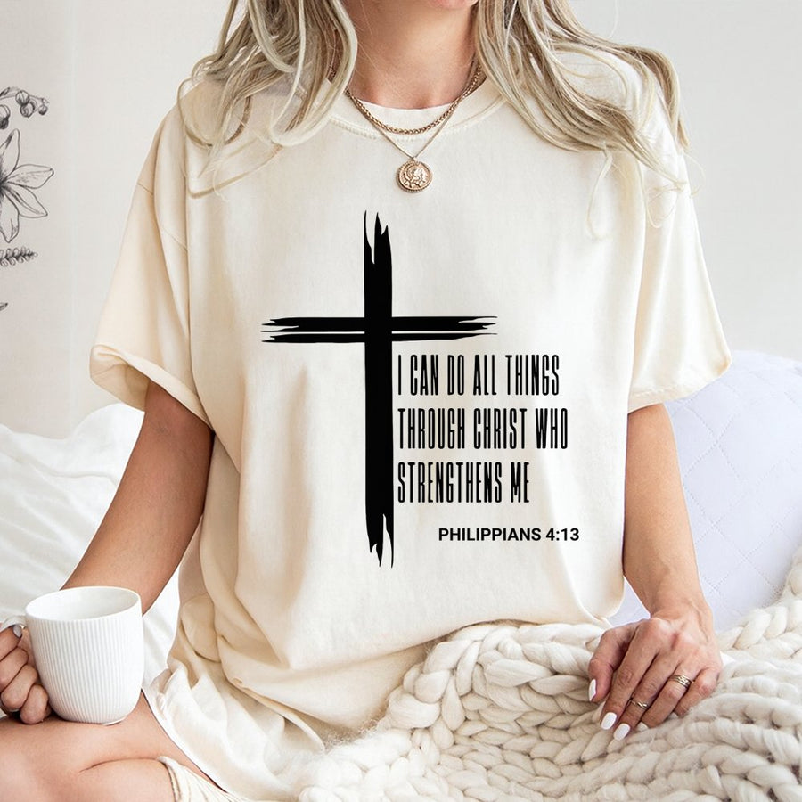 Philippians 4:13 T-Shirt | Christian Cross Graphic Tee | 100% Cotton Premium Quality | Religious Inspirational Gift for Men and Women