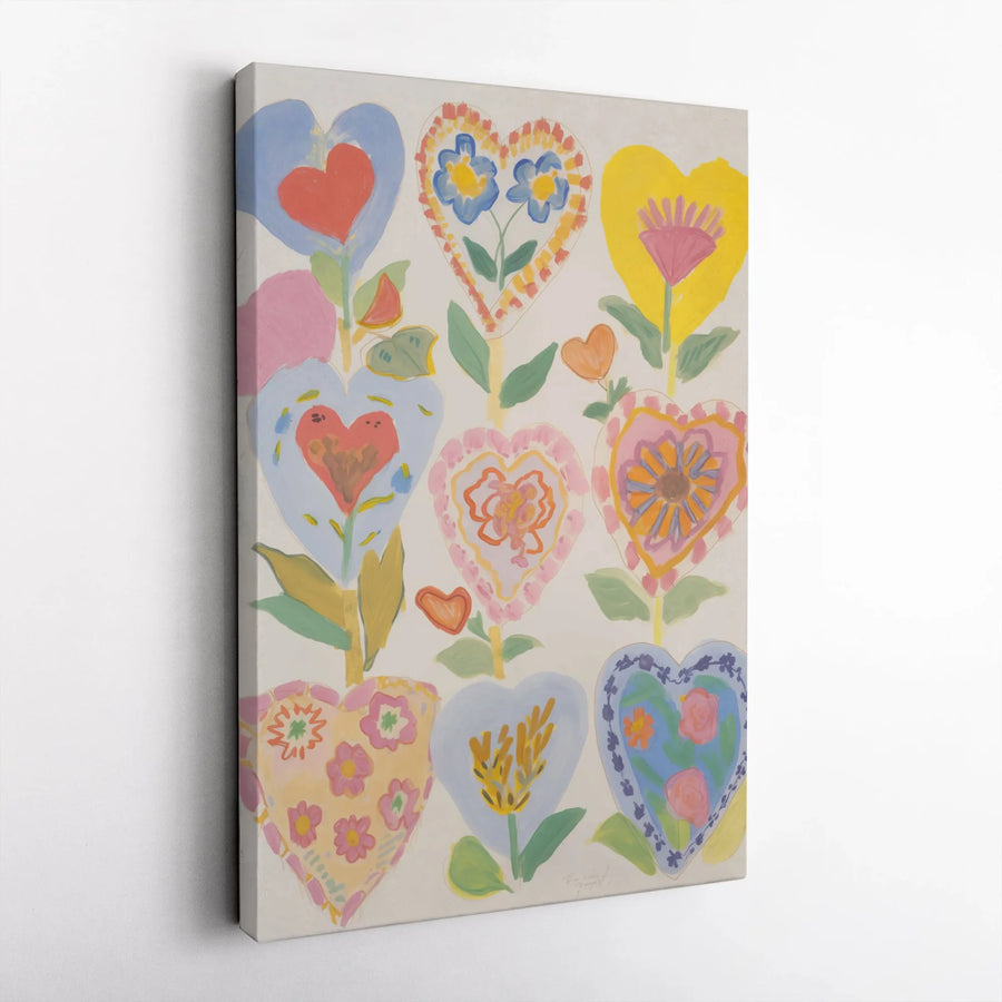 Folk Art Heart Flowers Canvas Wall Art | Colorful Botanical Floral Print | Gallery Quality Premium Decor | Romantic Gift For Her Home