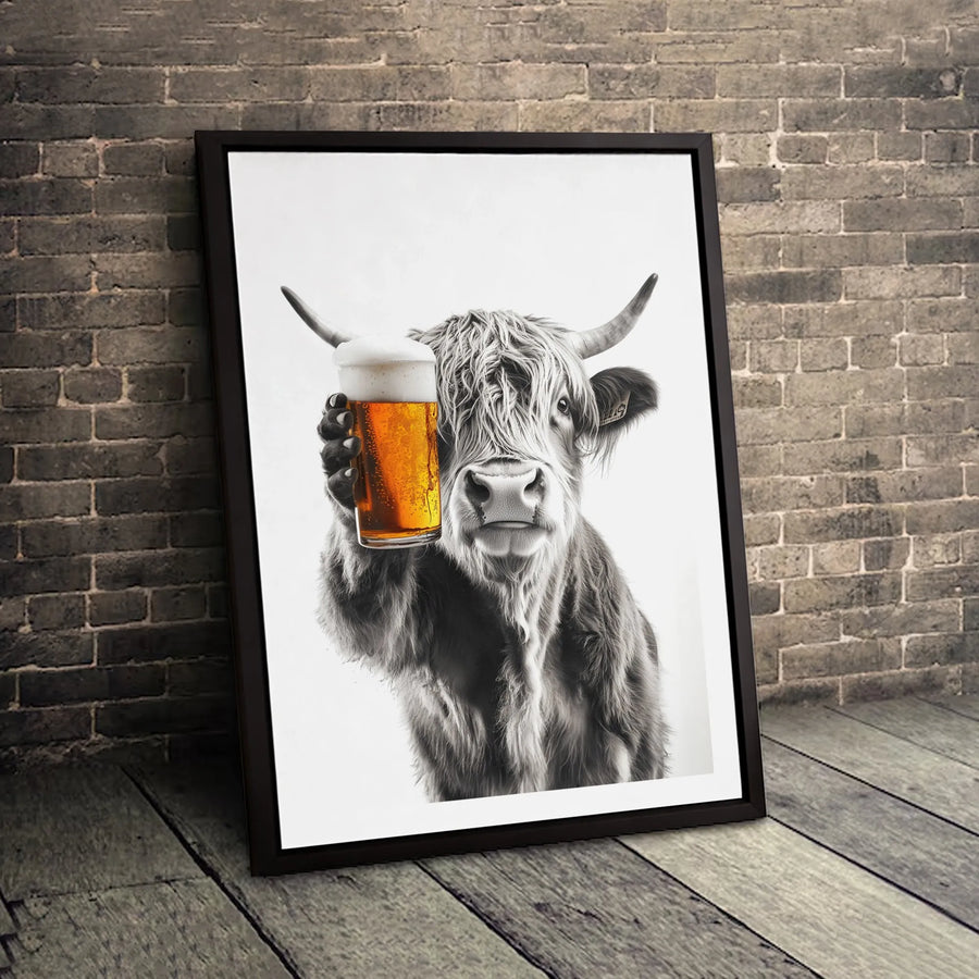 Highland Cow Wall Art | Funny Beer Drinking Farm Animal | Premium Canvas Print | Rustic Pub Decor Gift for Beer Lovers