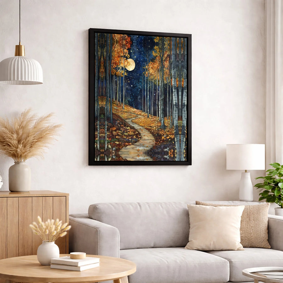 Autumn Forest Canvas Wall Art | Moonlight Path Nature Scene | Premium Gallery Wrap Print | Whimsical Fall Decor for Home