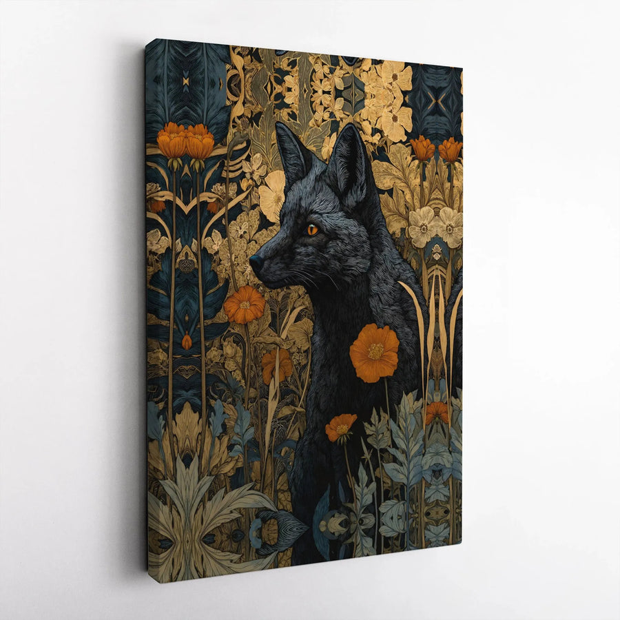 Black Fox Canvas Wall Art | Art Nouveau Floral Print | Premium Gallery Wrapped Canvas | Dark Cottagecore Decor Gift