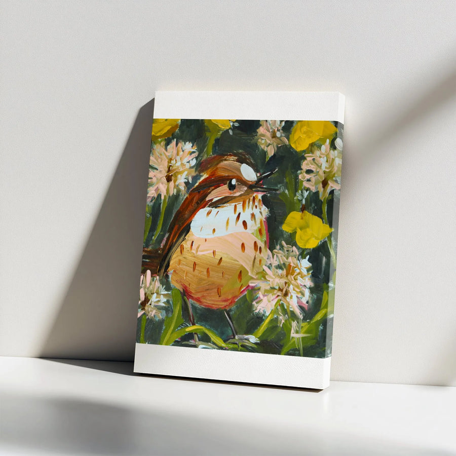 Song Sparrow Canvas Wall Art | Impressionist Bird Painting with Dandelions | Premium Gallery Wrapped Print | Nature Lover Gift for Home Decor