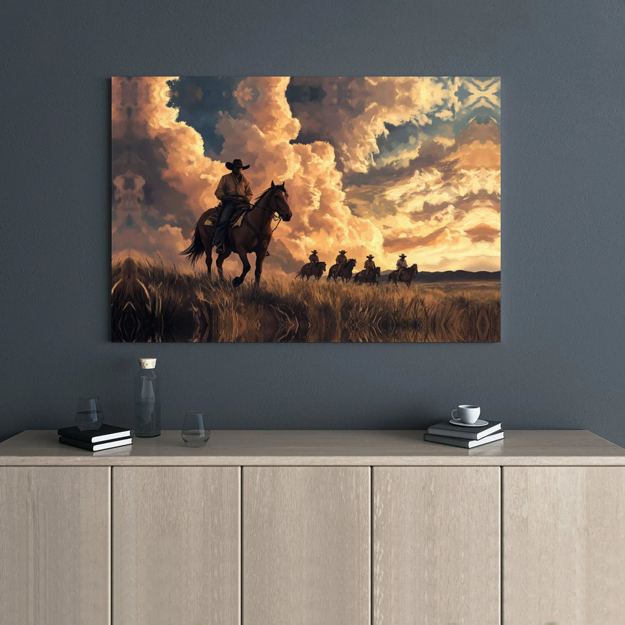 Western Cowboy Canvas Wall Art | Sunset Horseback Riders Landscape | Premium Gallery Wrap Print | Rustic Home Decor Gift for Him