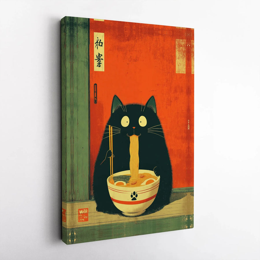 Ramen Cat Canvas Wall Art | Vintage Japanese Ukiyo-e Print of Black Cat Eating Noodles | Premium Gallery Canvas | Quirky Kitchen Decor Gift for Foodie