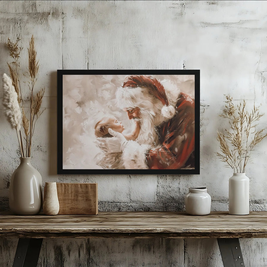 Santa Claus Holding Baby Canvas Wall Art | Whimsical Oil Painting Print | Gallery Wrapped 1.25" Depth | Christmas Home Decor Gift for New Parents