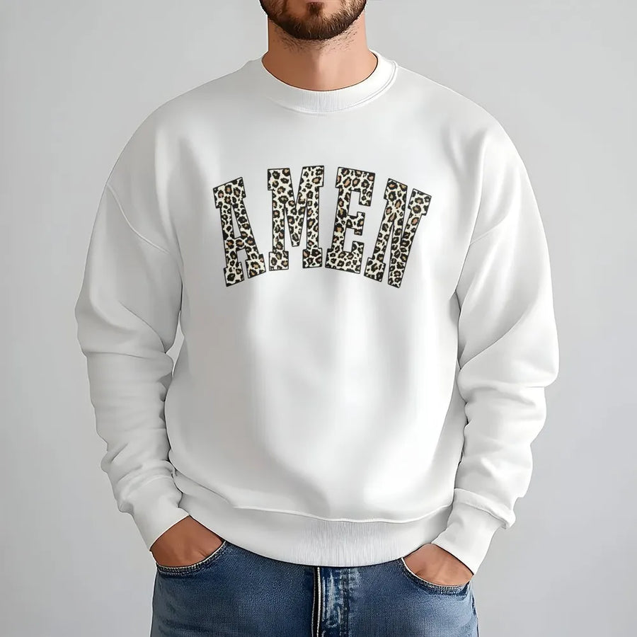 Amen Sweatshirt | Leopard Print Christian Apparel | Premium Cotton Blend Fleece | Faith-Based Gift for Women and Men
