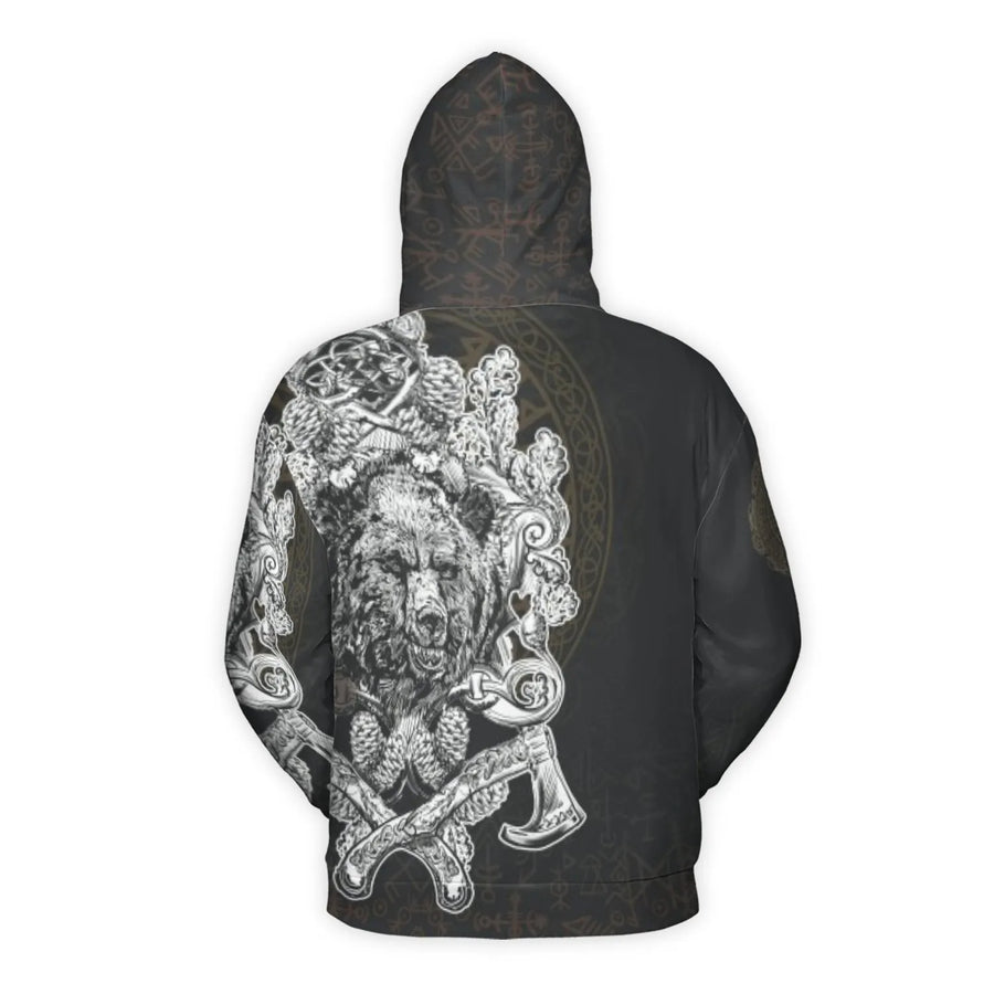 Viking Bear Hoodie | Norse Mythology Graphic With Axes | Premium All-Over Print Fleece | Unisex Norseman Gift For History Lovers