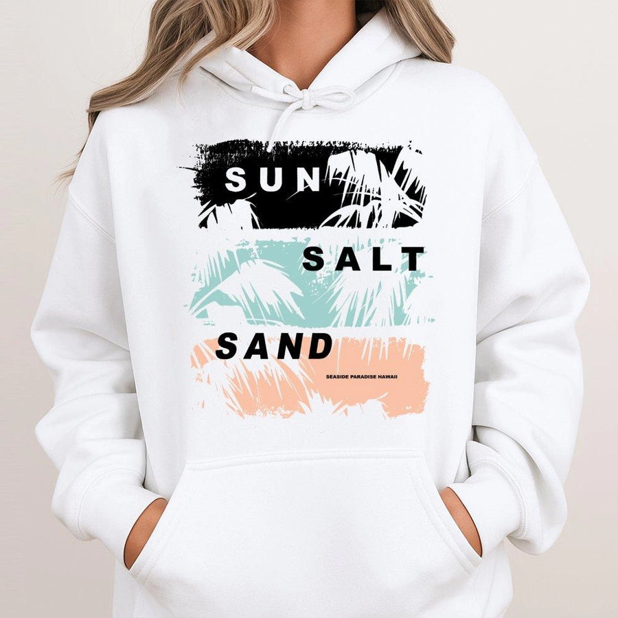 Sun Salt Sand Hoodie | Tropical Palm Tree Graphic Aesthetic | Premium Cotton Blend | Coastal Beach Vacation Gift for Men and Women