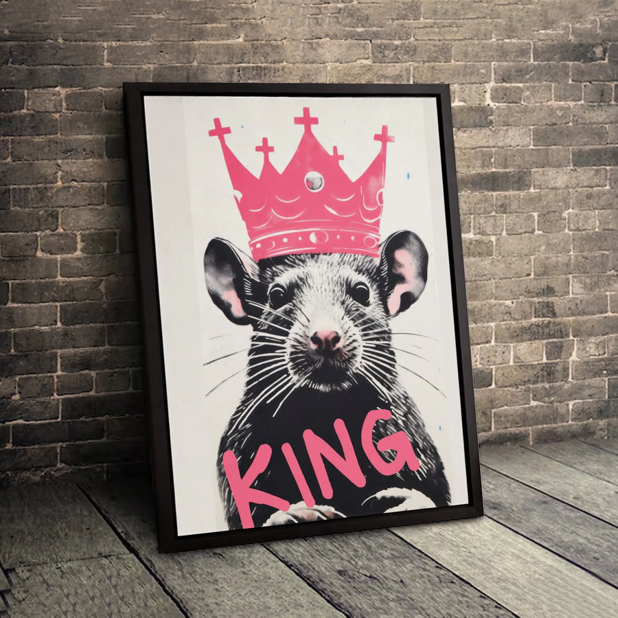 King Rat Canvas Wall Art | Urban Graffiti Style Pink Crown Print | Premium Gallery-Wrapped Decor | Unique Gift for Animal Lovers