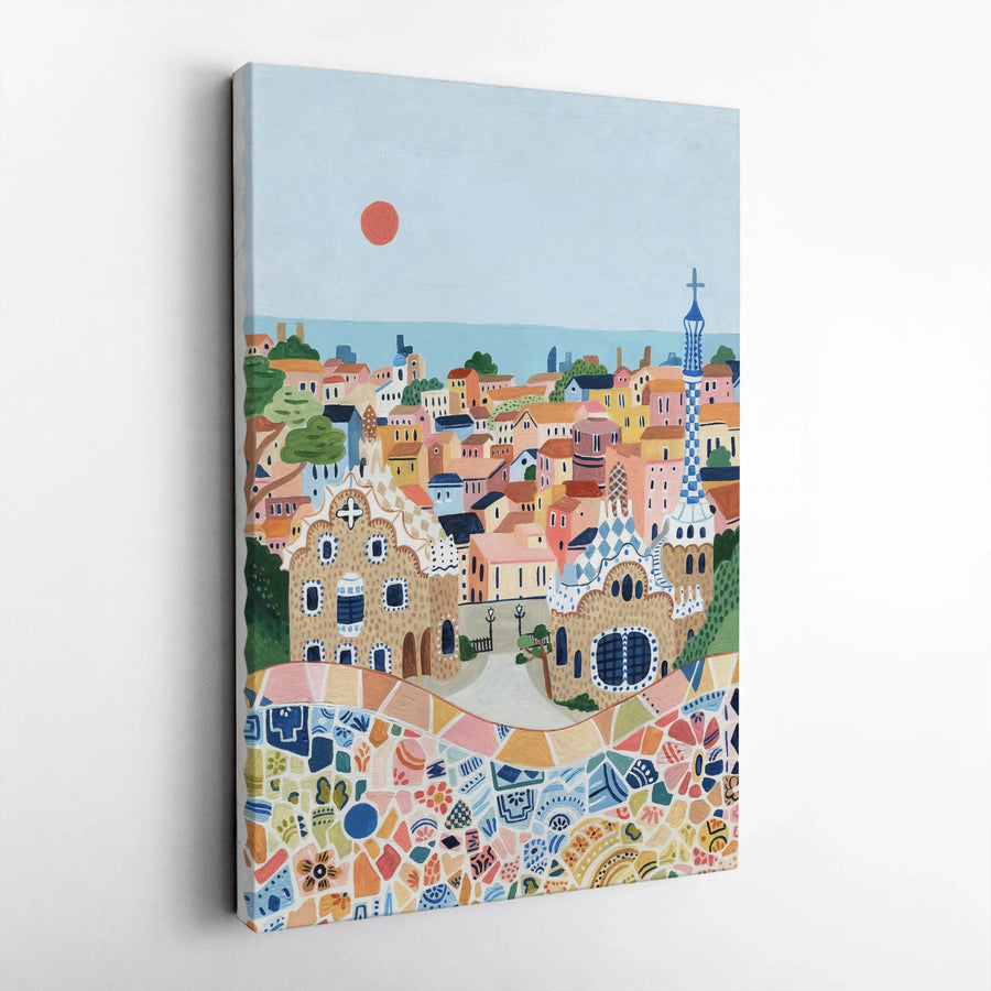 Park Güell Barcelona Canvas Print | Mediterranean Folk Art Illustration | 1.25" Gallery Wrapped Wall Decor | Vibrant Travel Gift