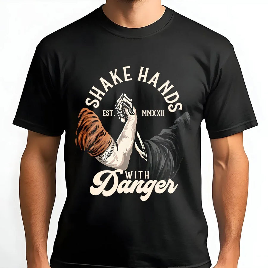 Shake Hands With Danger T-Shirt | Arm Wrestling Skeleton Graphic | Premium Soft Cotton Tee | Gritty Blue Collar Gift For Men And Women