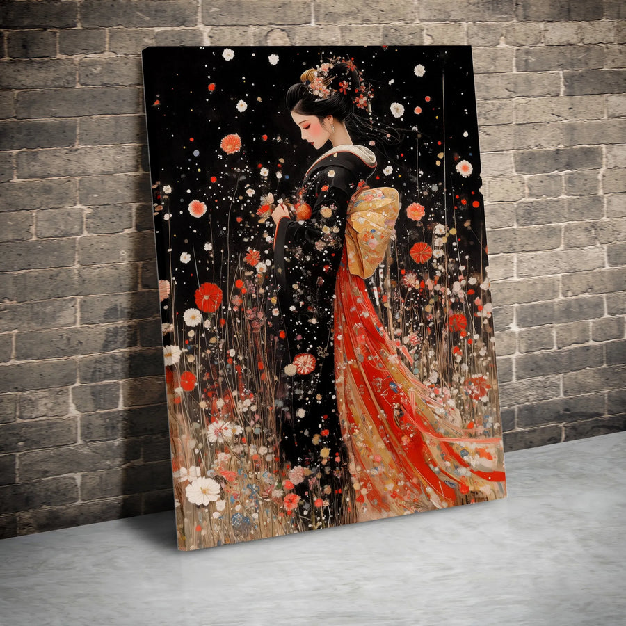 Japanese Geisha Wall Art | Elegant Kimono Woman Amidst Wildflowers | Premium Gallery-Wrapped Canvas Print | Sophisticated Home Decor Gift