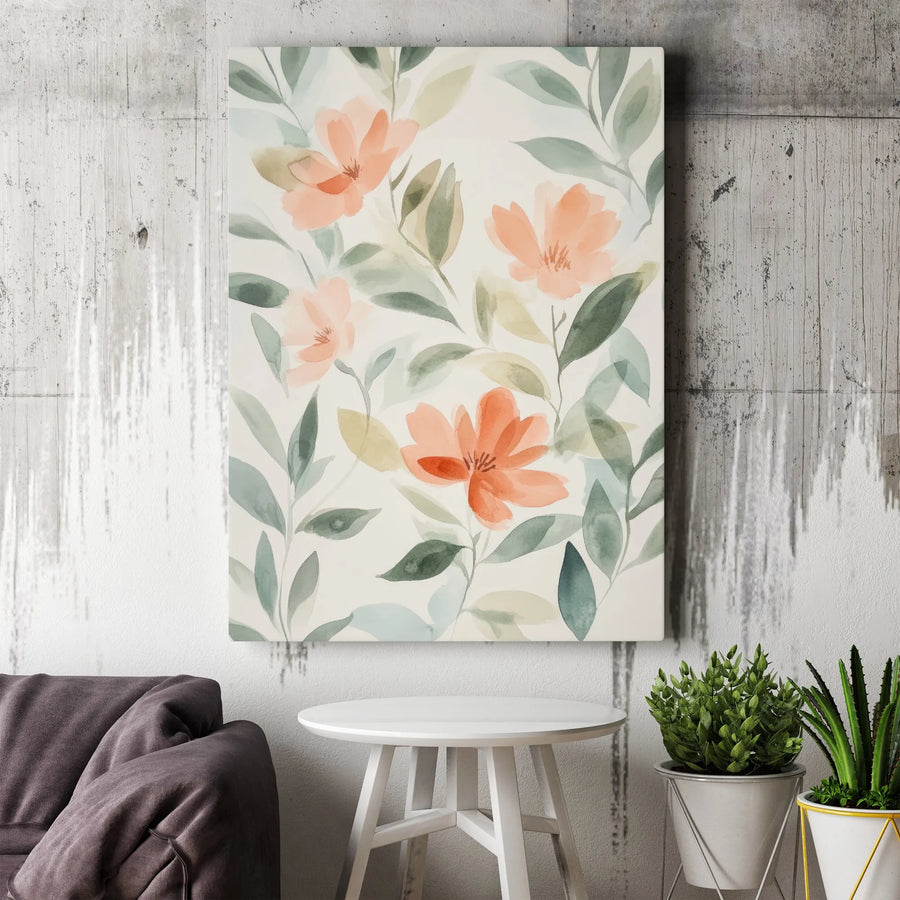 Watercolor Floral Canvas Wall Art | Peach Flowers and Green Leaves Botanical Print | Gallery Quality 1.25” Thick Canvas | Aesthetic Home Decor Gift