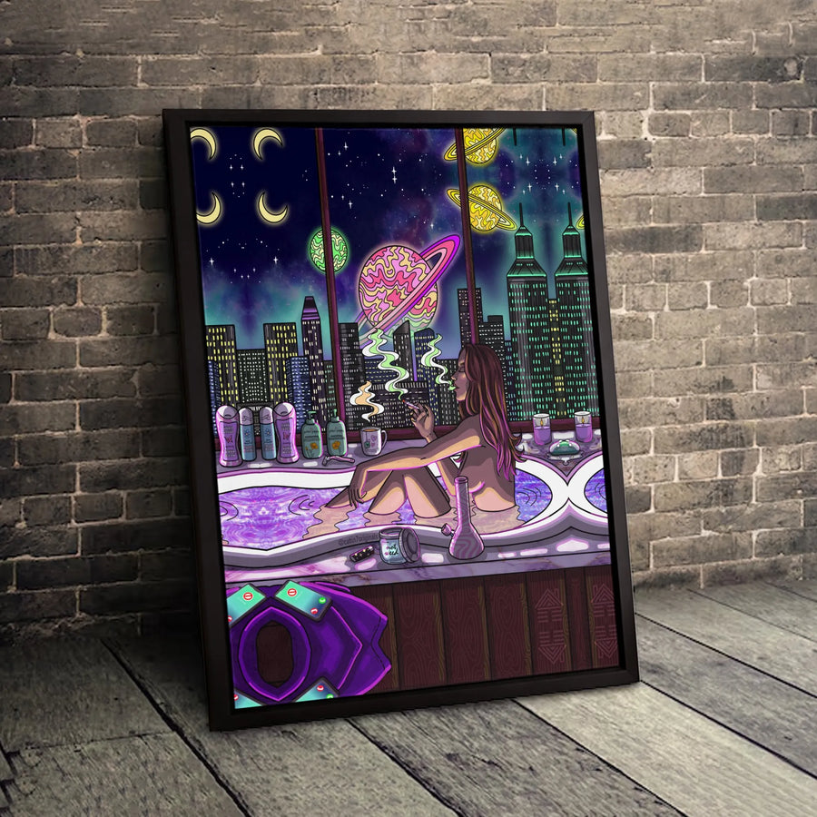 Psychedelic Stoner Girl Canvas Art | Space City Galaxy Dreamscape Print | Premium Gallery Wrapped Wall Decor | Trippy Bedroom Aesthetic Gift