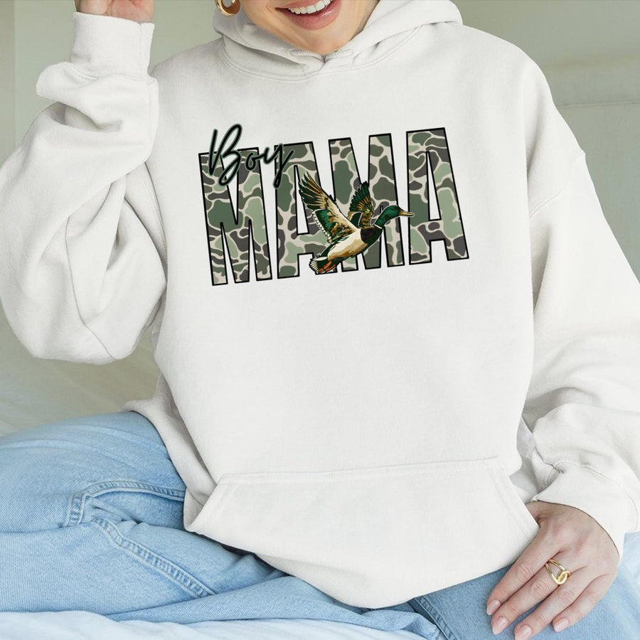 Boy Mama Hoodie | Camo Mallard Duck Hunter Design | Premium Cotton Blend | Outdoor Lifestyle Gift for Moms