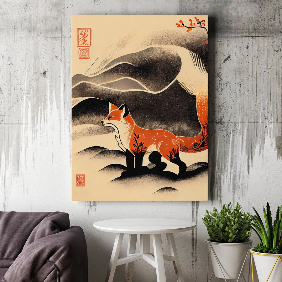 Japanese Fox Wall Art | Ukiyo-e Style Winter Landscape Print | Premium 1.25" Gallery Canvas | Elegant Home Office Decor Gift