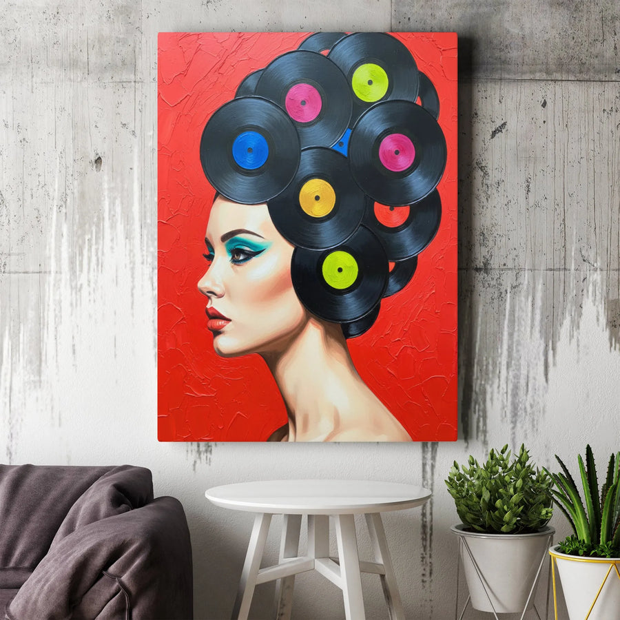 Vinyl Record Canvas Print | Retro Pop Art Woman Portrait | Thick Gallery Wrapped Wall Art | Premium Gift for Music Lover & DJ
