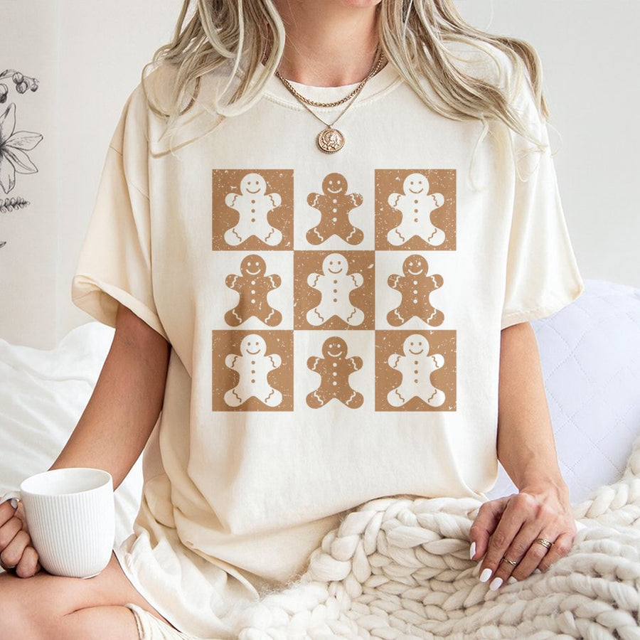 Gingerbread Man T-Shirt | Distressed Checkered Pattern | 100% Cotton Premium Tee | Cute Christmas Holiday Gift For Women And Men