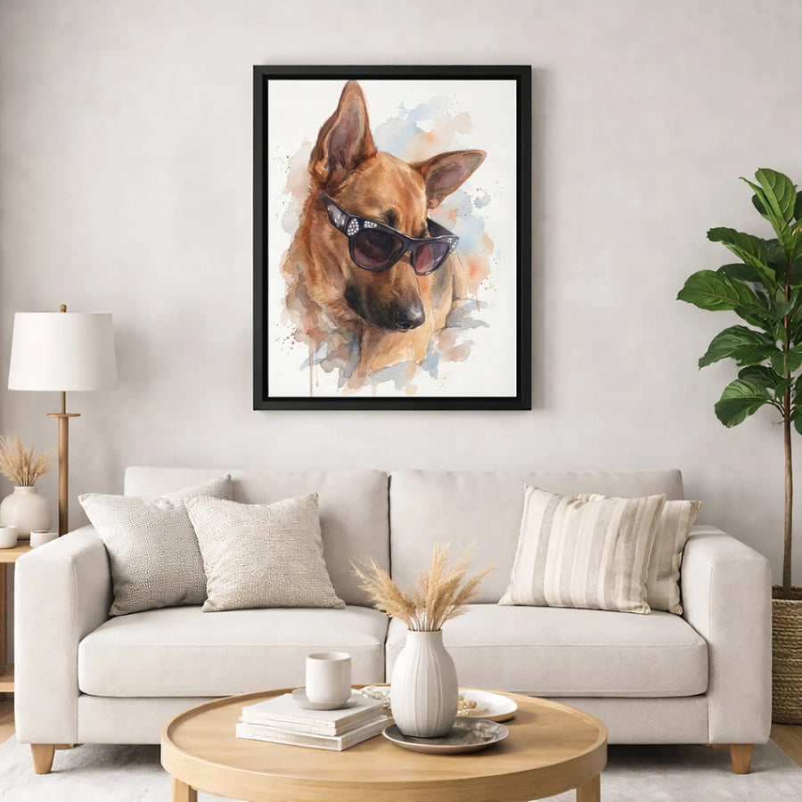 German Shepherd Wall Art | Watercolor Dog in Rhinestone Sunglasses | Premium Gallery-Wrap Canvas Print | Unique Dog Lover Gift