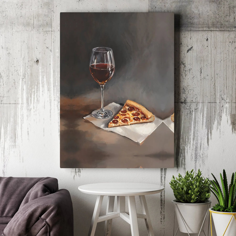 Wine and Pizza Canvas Print | Modern Still Life Oil Painting Style | Premium 1.25-Inch Gallery Wrap | Kitchen and Dining Room Wall Decor