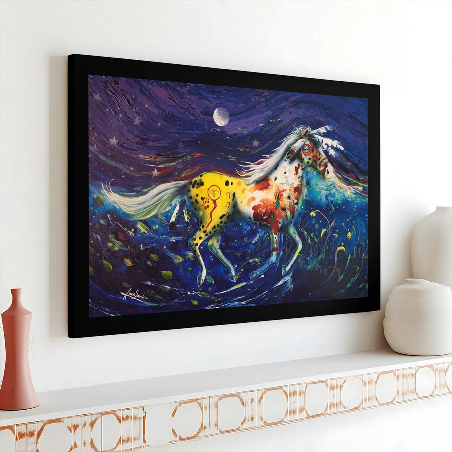 Native American Horse Wall Art | Starry Night Painted Pony Canvas | Gallery Wrapped Premium Decor | Southwest Style Gift for Home Office