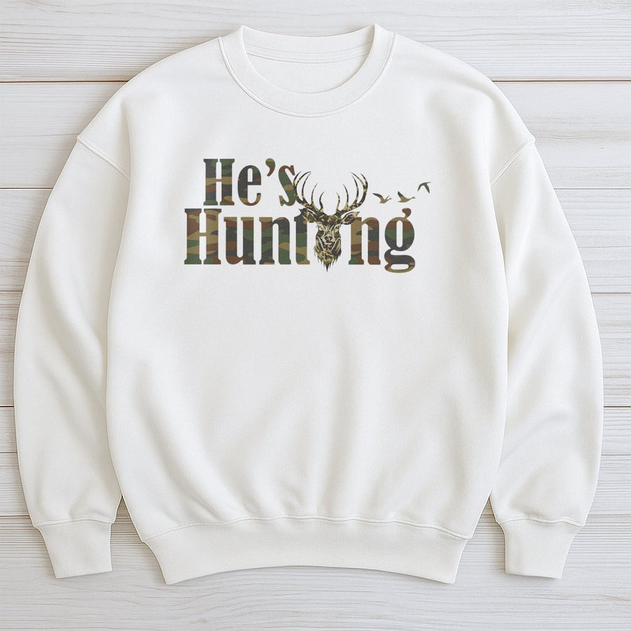 He's Hunting Deer Sweatshirt | Camo Graphic Wildlife Design | Soft Cotton Blend Unisex Pullover | Premium Outdoor Gift for Hunter