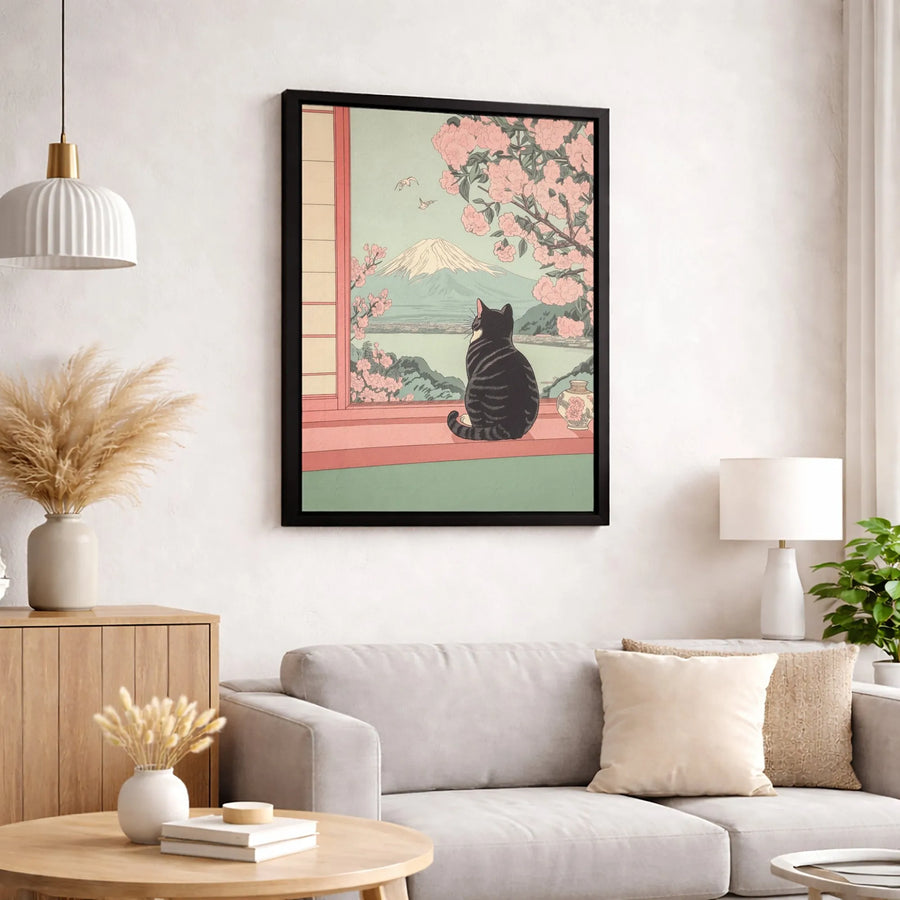 Japanese Ukiyo-E Cat Canvas Print | Mount Fuji Cherry Blossom Wall Art | Premium Gallery-Wrapped Decor | Unique Gift for Cat Lovers