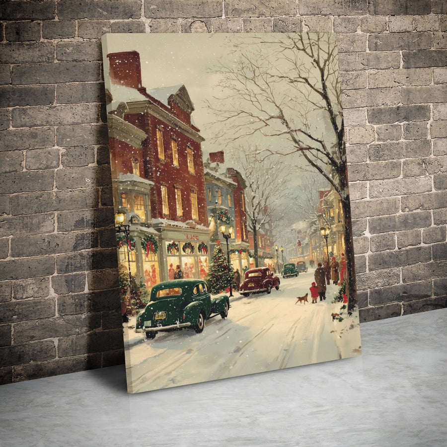 Vintage Christmas Town Canvas Wall Art | Snowy Street With Classic Cars | Premium Gallery Wrap Print | Festive Holiday Home Decor Gift