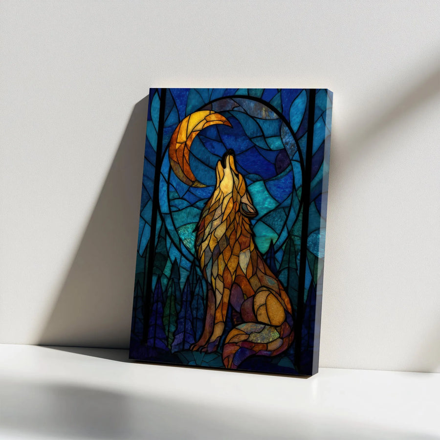 Stained Glass Wolf Canvas Wall Art | Howling Wolf at Crescent Moon Mosaic Print | Premium Gallery Wrapped Canvas | Wildlife Home Decor Gift